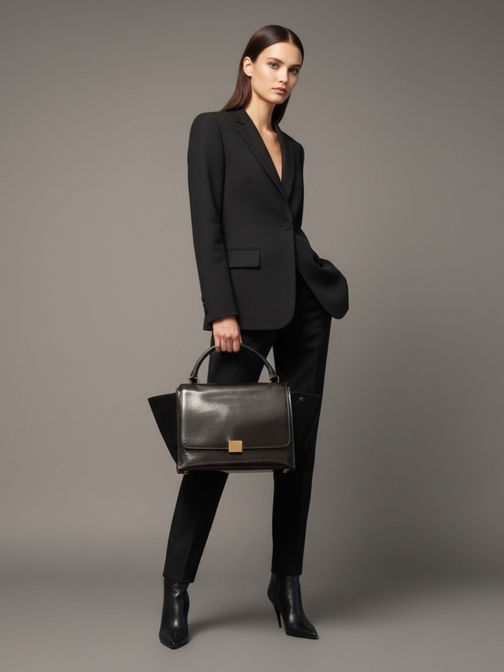 Celine Black Patent Leather Top-Handle Shoulder Bag with Gold Hardware